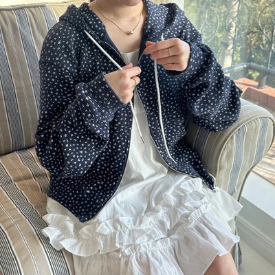 Blue Small Floral Waffle Zip-Up Flower Loose Fit Hoodie Spring Jumper