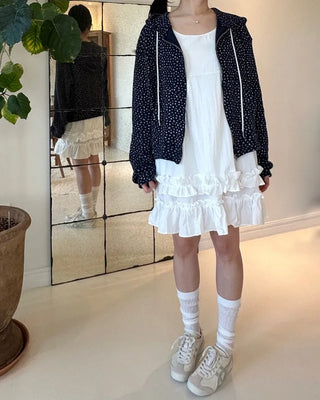 Blue Small Floral Waffle Zip-Up Flower Loose Fit Hoodie Spring Jumper