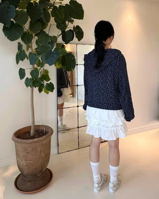 Blue Small Floral Waffle Zip-Up Flower Loose Fit Hoodie Spring Jumper