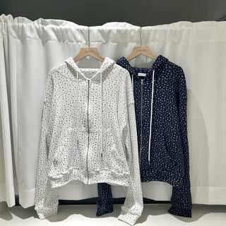 Blue Small Floral Waffle Zip-Up Flower Loose Fit Hoodie Spring Jumper