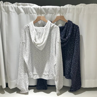 Blue Small Floral Waffle Zip-Up Flower Loose Fit Hoodie Spring Jumper
