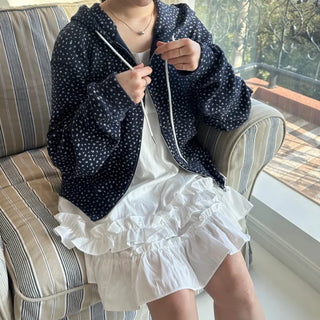 Blue Small Floral Waffle Zip-Up Flower Loose Fit Hoodie Spring Jumper