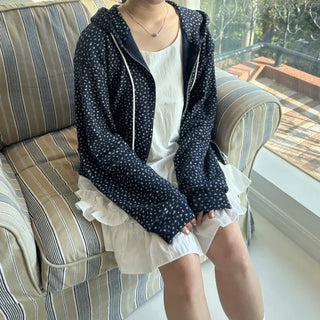 Blue Small Floral Waffle Zip-Up Flower Loose Fit Hoodie Spring Jumper