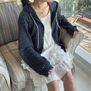 Blue Small Floral Waffle Zip-Up Flower Loose Fit Hoodie Spring Jumper