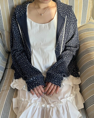 Blue Small Floral Waffle Zip-Up Flower Loose Fit Hoodie Spring Jumper