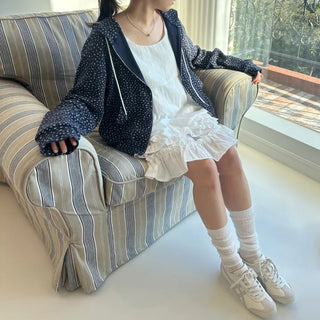 Blue Small Floral Waffle Zip-Up Flower Loose Fit Hoodie Spring Jumper