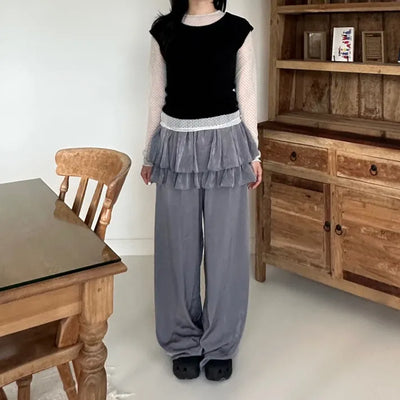 Frill Tiered Satin Elastic Waist Pants Layered Skirt Pants Skirt Pants