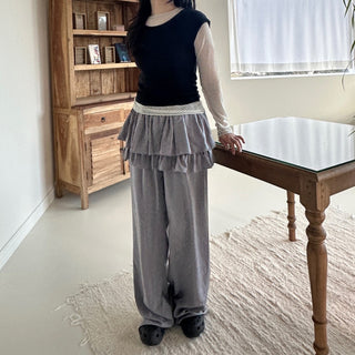 Frill Tiered Satin Elastic Waist Pants Layered Skirt Pants Skirt Pants