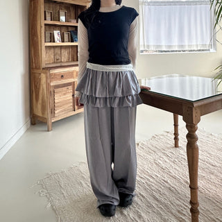 Frill Tiered Satin Elastic Waist Pants Layered Skirt Pants Skirt Pants