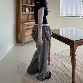 Frill Tiered Satin Elastic Waist Pants Layered Skirt Pants Skirt Pants