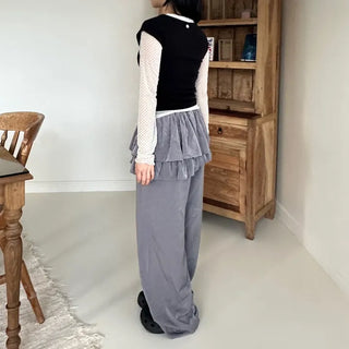Frill Tiered Satin Elastic Waist Pants Layered Skirt Pants Skirt Pants