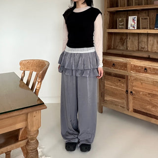 Frill Tiered Satin Elastic Waist Pants Layered Skirt Pants Skirt Pants