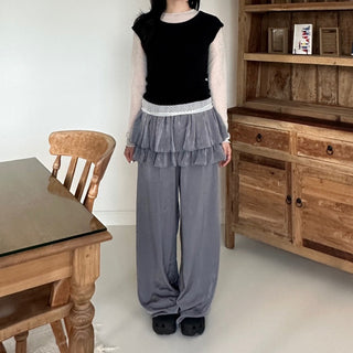 Frill Tiered Satin Elastic Waist Pants Layered Skirt Pants Skirt Pants
