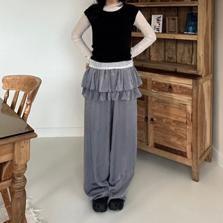 Frill Tiered Satin Elastic Waist Pants Layered Skirt Pants Skirt Pants