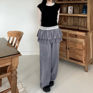 Frill Tiered Satin Elastic Waist Pants Layered Skirt Pants Skirt Pants