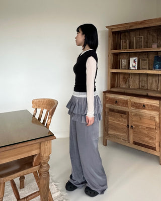 Frill Tiered Satin Elastic Waist Pants Layered Skirt Pants Skirt Pants