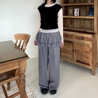 Frill Tiered Satin Elastic Waist Pants Layered Skirt Pants Skirt Pants