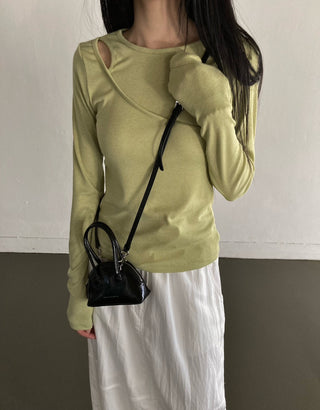 Shoulder Slit Long Sleeve Slim Fit T-shirt