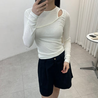 Shoulder Slit Long Sleeve Slim Fit T-shirt