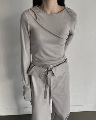 Shoulder Slit Long Sleeve Slim Fit T-shirt