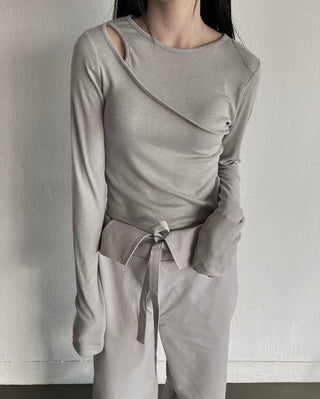 Shoulder Slit Long Sleeve Slim Fit T-shirt