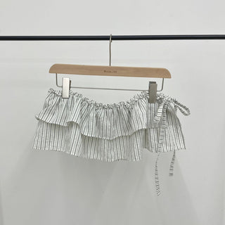 Striped Tiered Layered Skirt with Belt and Striped Ribbon Wrap Skirt