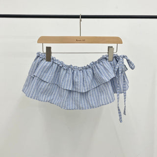 Striped Tiered Layered Skirt with Belt and Striped Ribbon Wrap Skirt