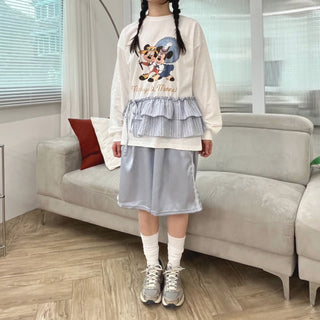 Striped Tiered Layered Skirt with Belt and Striped Ribbon Wrap Skirt