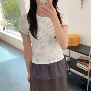 Small Dot Ringer Short Sleeve Tee Stretch Slim Fit Polka Dot Color Block Short Sleeve Tee
