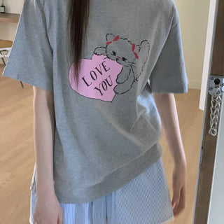 Heart Little Kitty short-sleeve oversized t-shirt with cat character print
