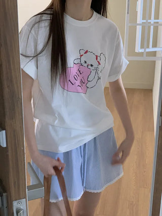 Heart Little Kitty short-sleeve oversized t-shirt with cat character print