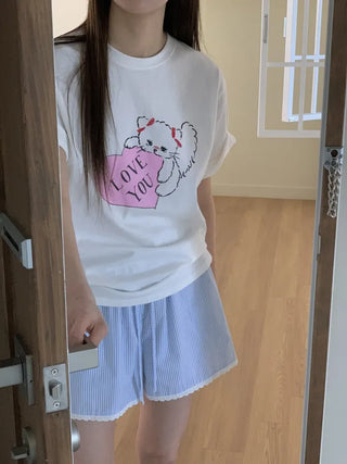 Heart Little Kitty short-sleeve oversized t-shirt with cat character print