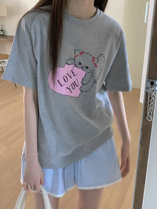 Heart Little Kitty short-sleeve oversized t-shirt with cat character print