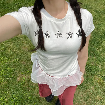 Star Print Short Sleeve T-shirt, Spandex Modal Summer T-shirt