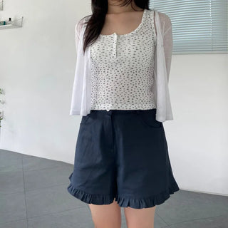 Waffle Flower U-Neck Button Sleeveless Slim Fit T-Shirt