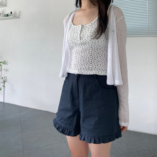 Waffle Flower U-Neck Button Sleeveless Slim Fit T-Shirt