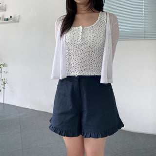 Waffle Flower U-Neck Button Sleeveless Slim Fit T-Shirt