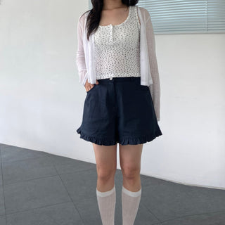 Waffle Flower U-Neck Button Sleeveless Slim Fit T-Shirt