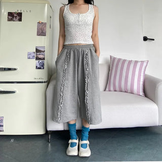 French Terry Frill Wide Bermuda Shorts Ruffle Lace Pants