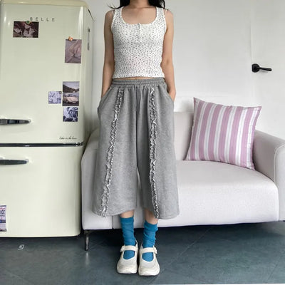 French Terry Frill Wide Bermuda Shorts Ruffle Lace Pants