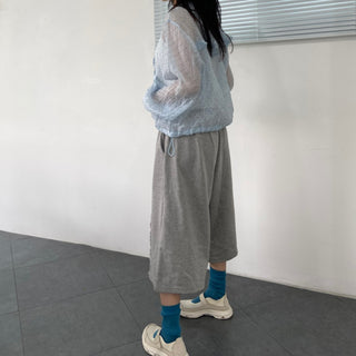 French Terry Frill Wide Bermuda Shorts Ruffle Lace Pants