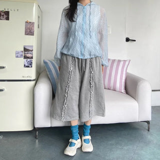 French Terry Frill Wide Bermuda Shorts Ruffle Lace Pants