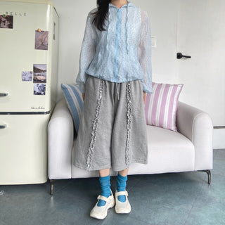French Terry Frill Wide Bermuda Shorts Ruffle Lace Pants