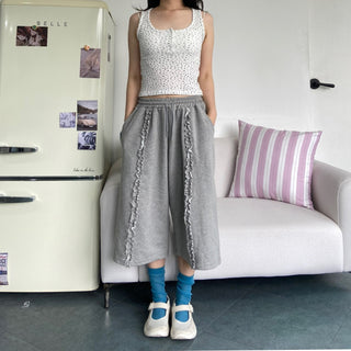 French Terry Frill Wide Bermuda Shorts Ruffle Lace Pants