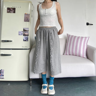 French Terry Frill Wide Bermuda Shorts Ruffle Lace Pants