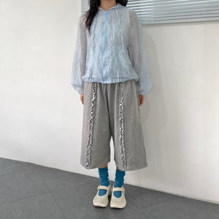 French Terry Frill Wide Bermuda Shorts Ruffle Lace Pants