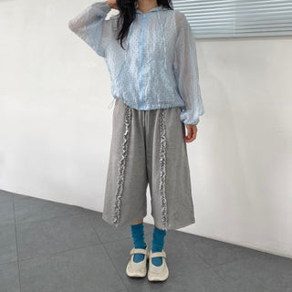 French Terry Frill Wide Bermuda Shorts Ruffle Lace Pants