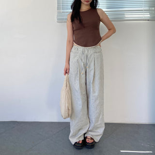 Seersucker pintuck striped Benz pocket pajama pants vacation look
