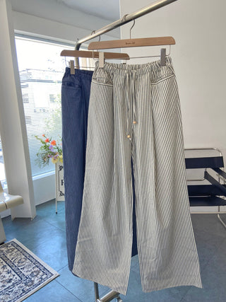 Seersucker pintuck striped Benz pocket pajama pants vacation look