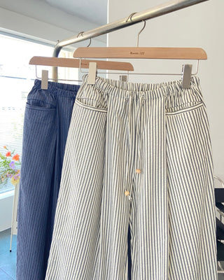 Seersucker pintuck striped Benz pocket pajama pants vacation look